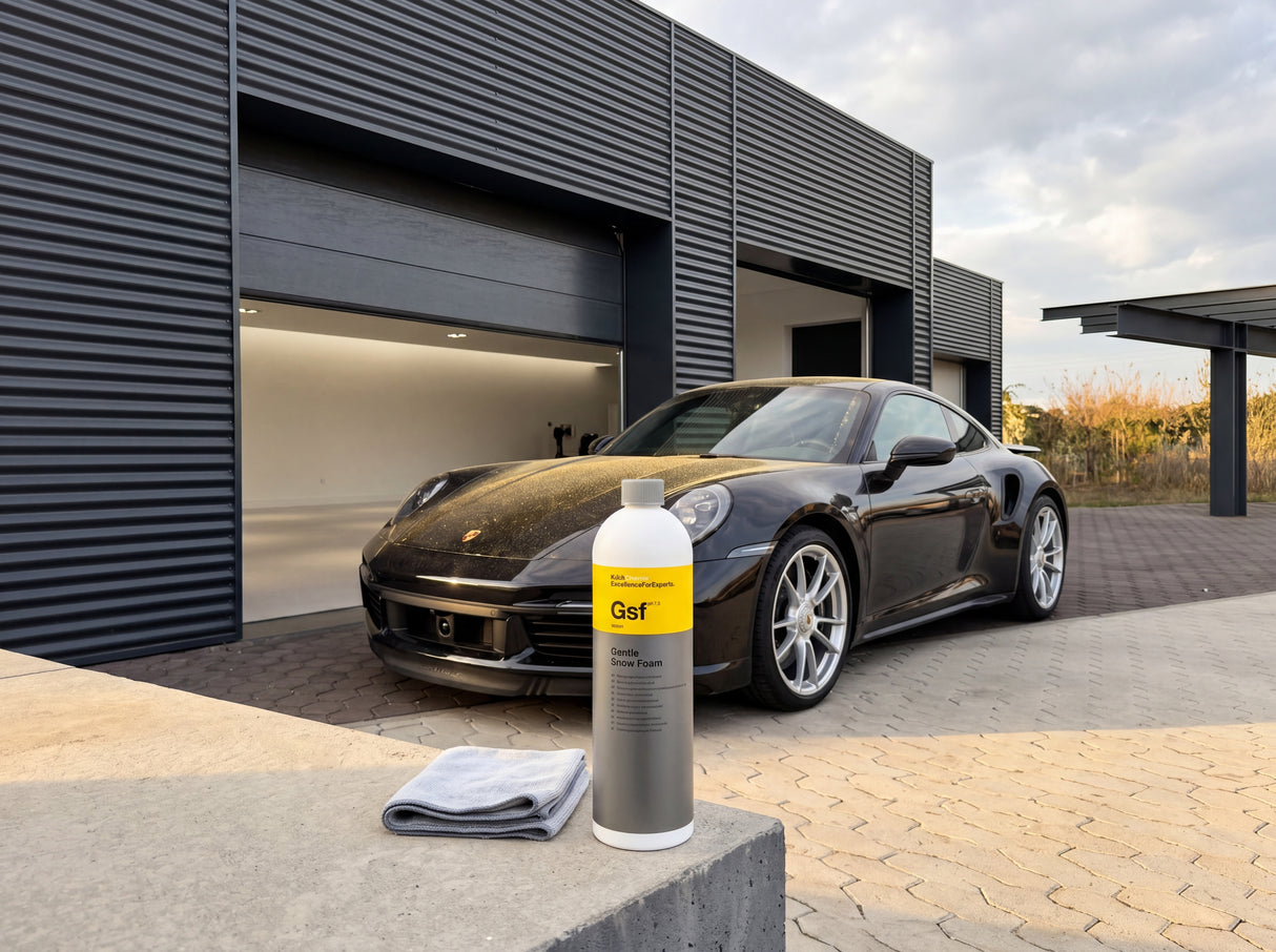 Koch-Chemie Gentle Snow Foam Gsf – Vorwäsche am schwarzen Porsche 911 Turbo S in der Detailing-Halle