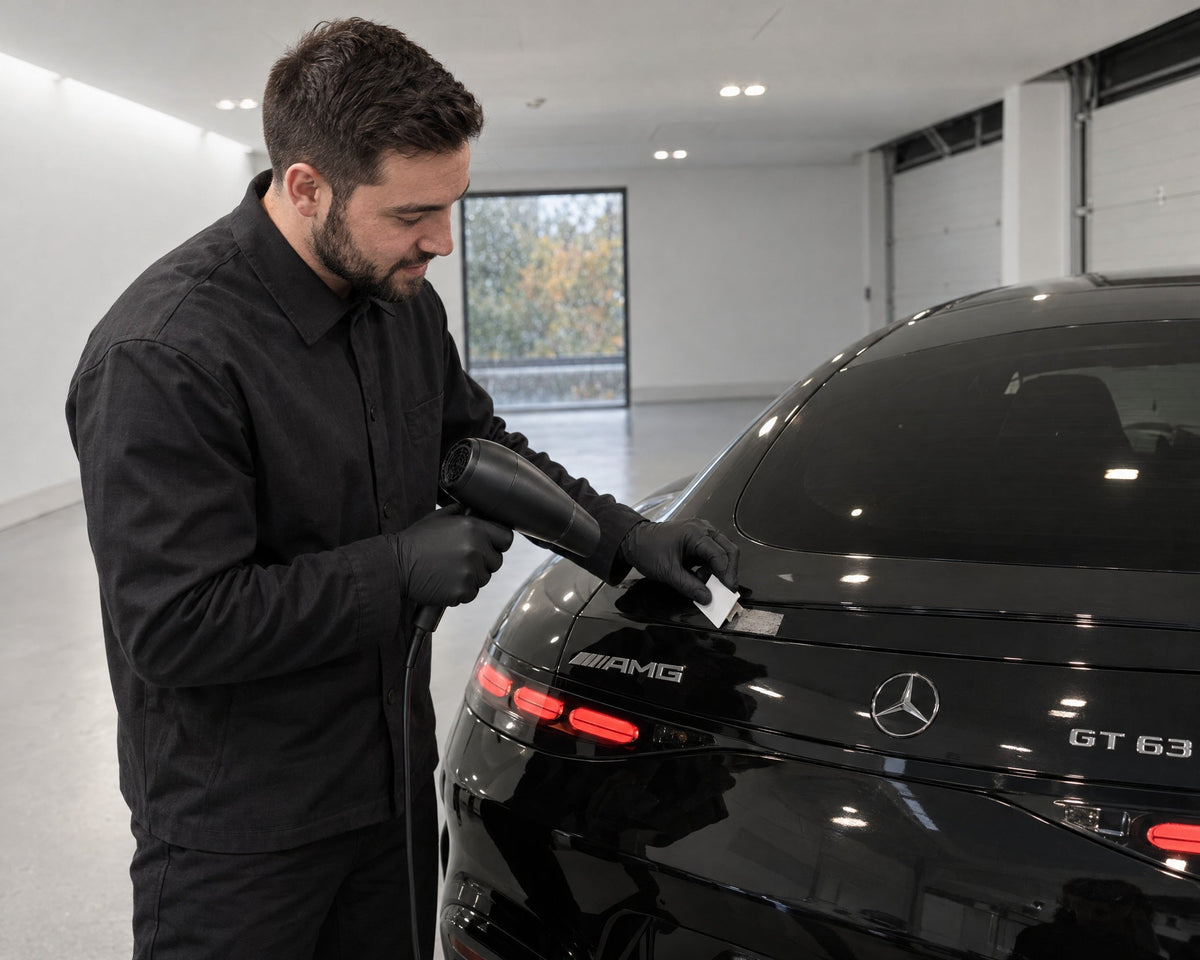 Detailing1 Aufkleber entfernen am schwarzen Mercedes-AMG GT 63 — Föhn erwärmt den Kleber, Kunststoffkarte hebt die Ecke