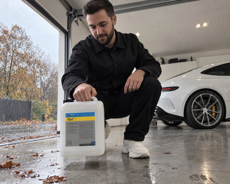 Detailing1 Storing car care properly — Daniel lifts the Koch-Chemie Gsf 5-litre canister off the cold floor by the open door