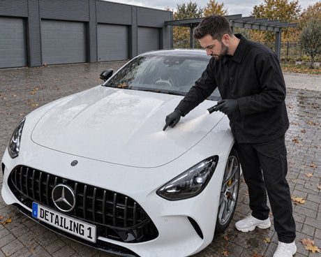 Detailing1 eingetrocknete Wasserflecken auf weißem Mercedes-AMG GT 63 — Daniel prüft Kalkflecken mit Lampe und Fingernagel