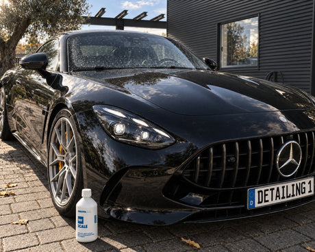 INNOVACAR "100%" Scale vor einem schwarzen Mercedes-AMG GT mit weißen Kalkflecken auf der Frontscheibe — gezeigt im Artikel „Kalkflecken auf der Autoscheibe entfernen, ohne das Glas zu zerkratzen“