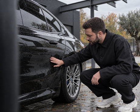 Detailing1 Lackschutz-Check am schwarzen BMW M5 — Daniel prüft das Spülwasser an der hinteren Tür vor dem Winter