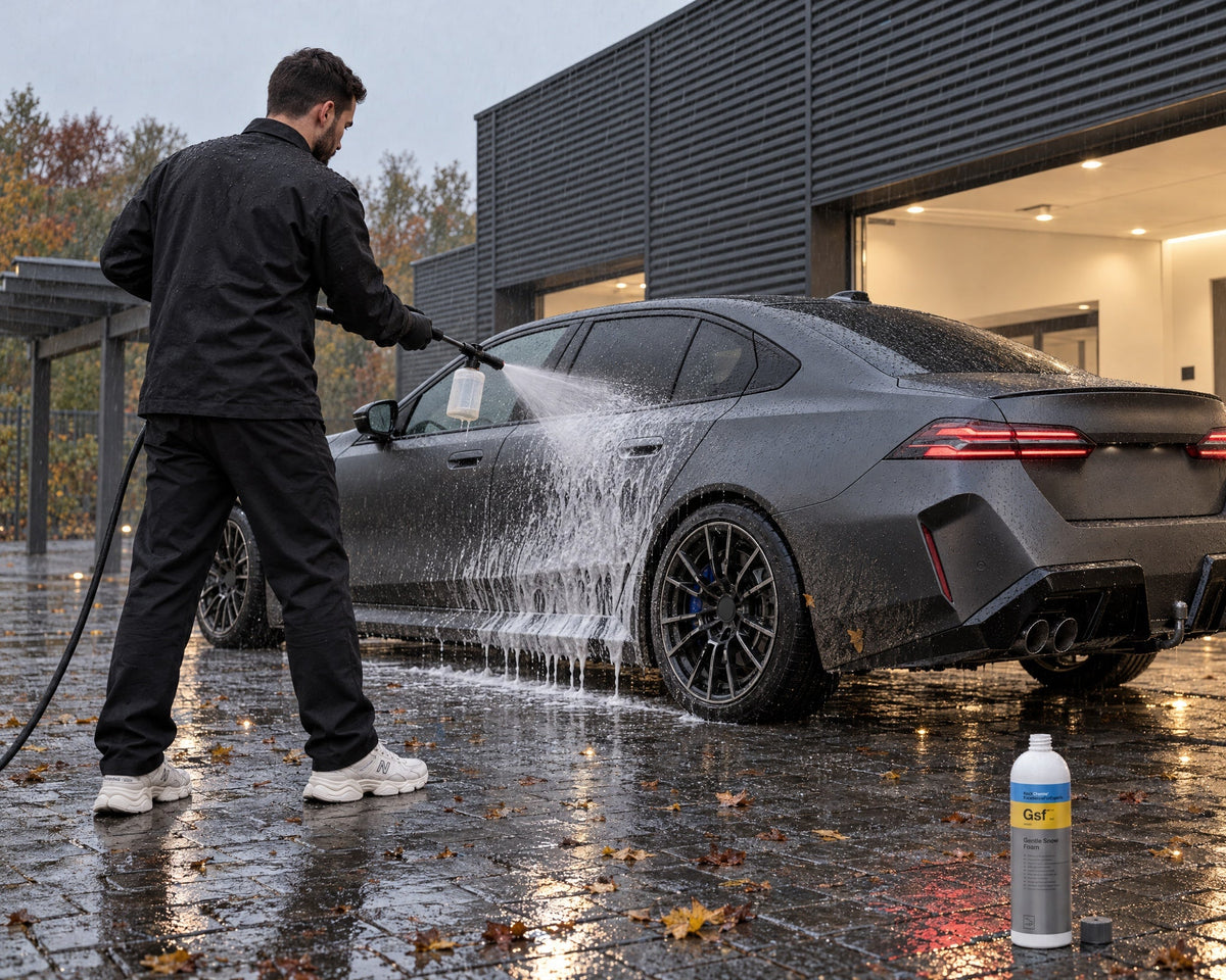 Detailing1 matte paint care: Daniel pre-foams a matte grey saloon in the rain with Koch-Chemie Gentle Snow Foam "Gsf"