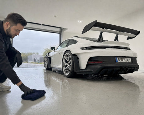 Detailing1 THE COLLECTION "Aqua" Twisted Loop Trockentuch liegt gefaltet auf dem Showroom-Boden vor dem frisch gewaschenen Porsche 911 GT3 RS