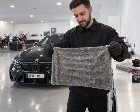 Detailing1 SONAX PROFILINE Microfibre Wash Mikrofaserwaschmittel — Daniel hält ein steifes, plattgewaschenes Twisted-Loop-Tro