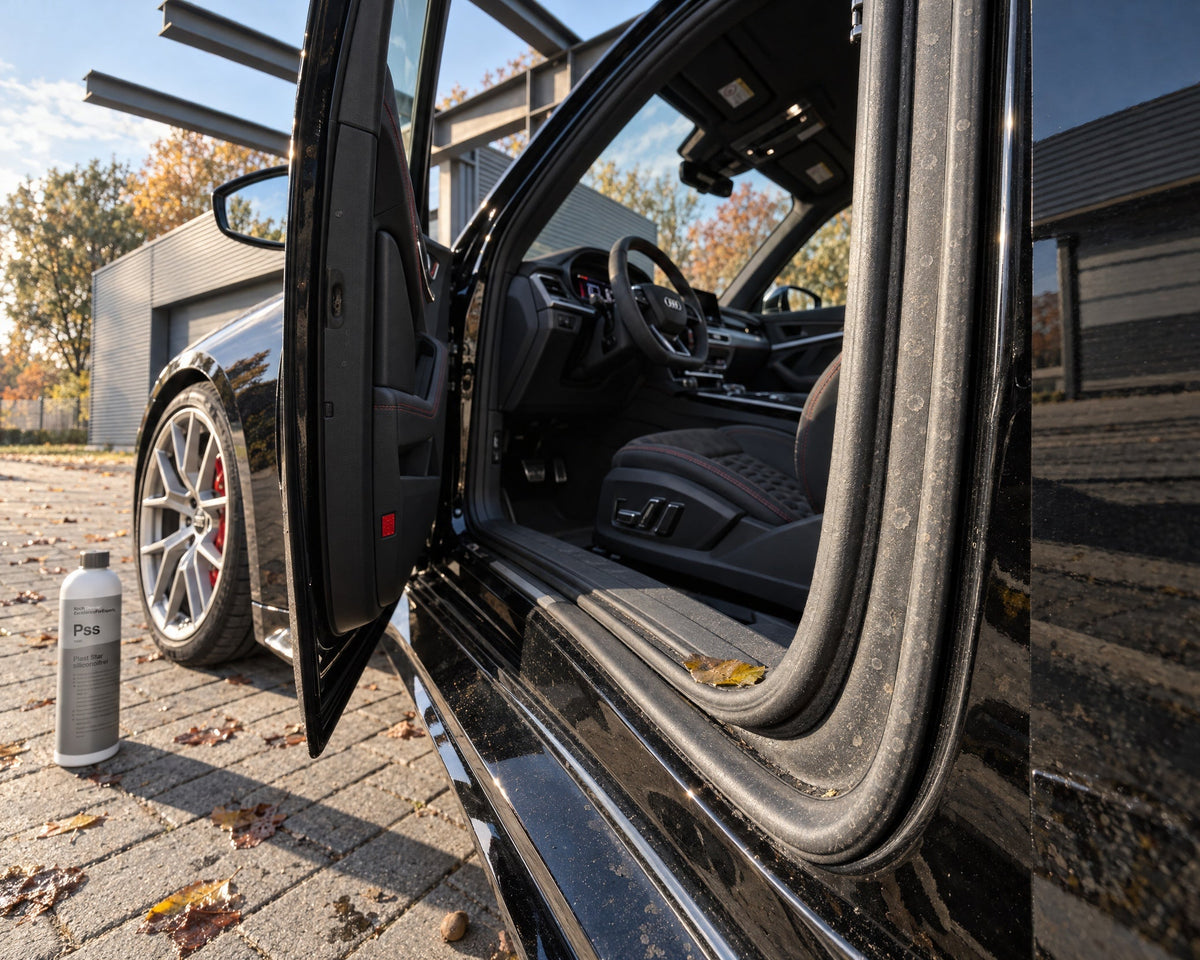 Koch-Chemie Plast Star neben offener Tür eines Audi RS 5 mit staubiger, stumpfer Türdichtung vor dem ersten Frost