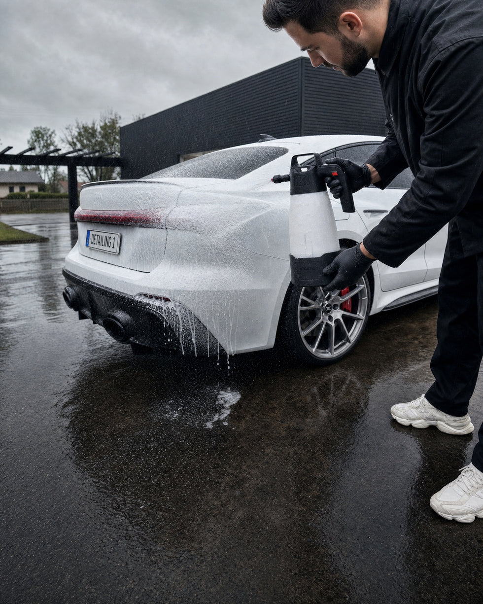 Detailing1 Hero: Schaumsprüher — Vorwäsche bei Regen mit iK e Foam Pro 2 (Mobile)