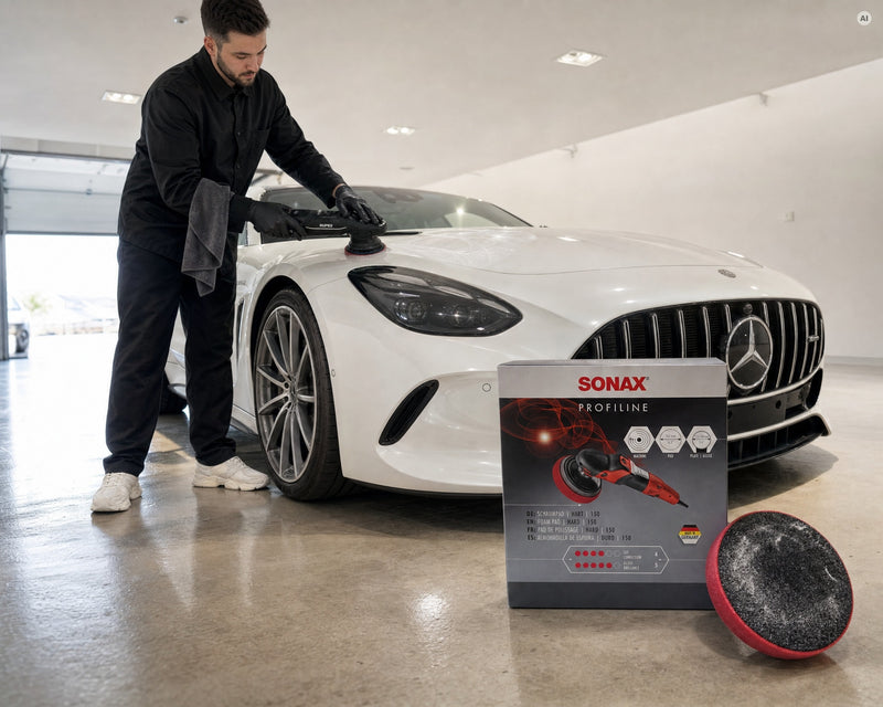 Detailing1 SONAX PROFILINE SchaumPad hart am Rupes-Exzenter auf der Haube eines weissen Mercedes-AMG GT 63 (Desktop)