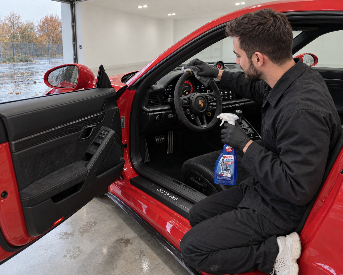 Detailing1 Hero: Textilreiniger — Alcantara-Lenkrad reinigen mit SONAX XTREME Polster+AlcantaraReiniger (Desktop)