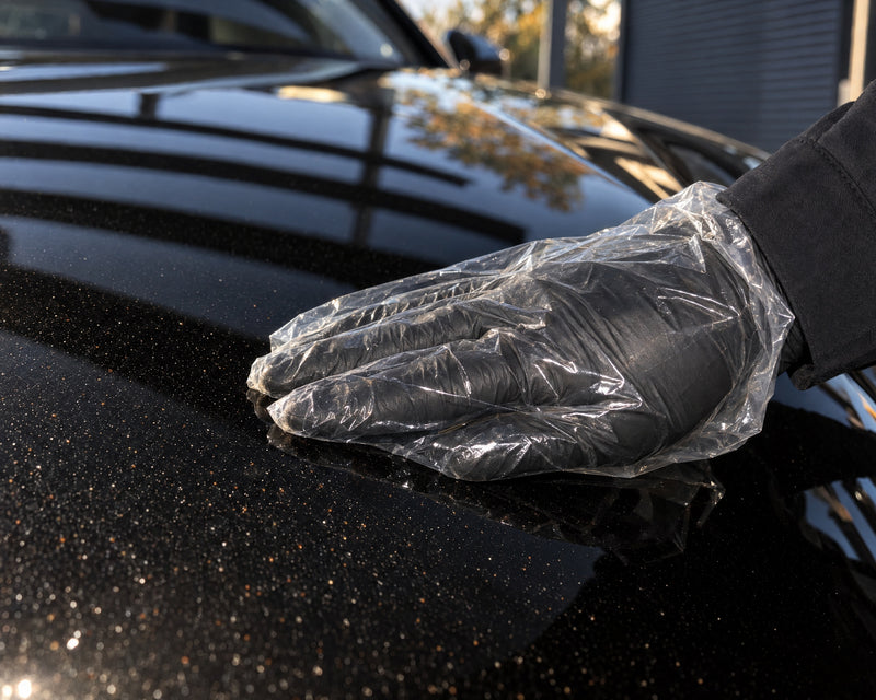 Detailing1 Fühltest am schwarzen Audi RS 5 — Hand in Folie über Flugrost und Industriestaub auf der Motorhaube