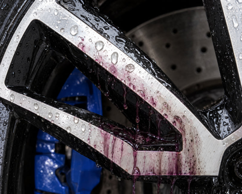 Felgenreiniger mit Farbumschlag: violette Rinnsale laufen beim Abspülen von der zweifarbigen BMW-M5-Speiche