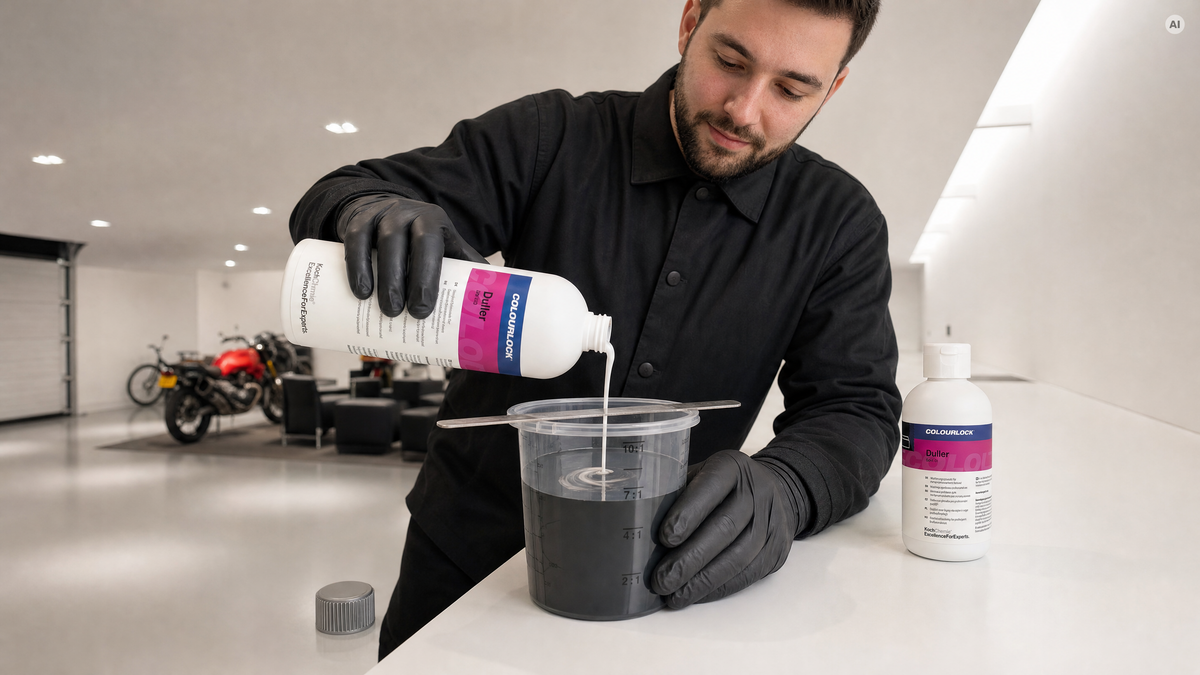 Mattierungszusatz wird in die Lederfarbe dosiert — Mattierungszusatz von COLOURLOCK bei Detailing1