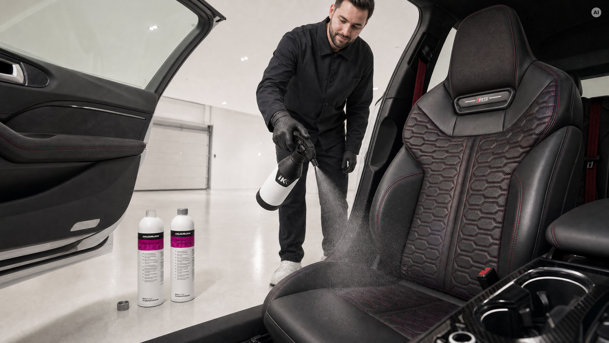 Matter Abschlusslack wird auf den Ledersitz gesprüht — Top Coat matt von COLOURLOCK bei Detailing1