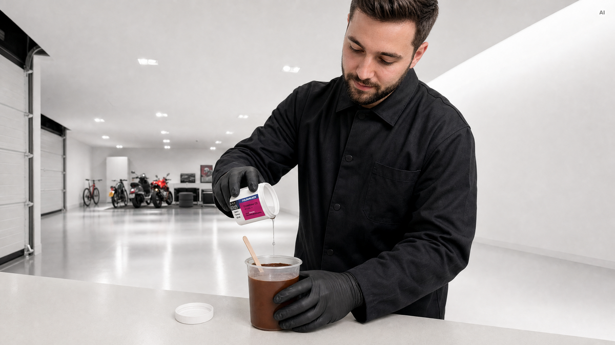 Crosslinker CD wird in die angerührte Lederfarbe dosiert — Vernetzer von COLOURLOCK bei Detailing1