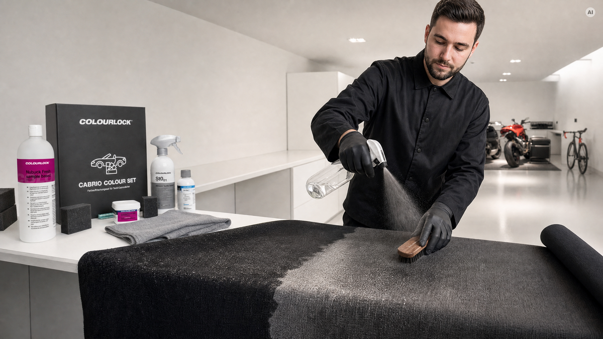 Sprühnebel auf Cabrio-Verdeckstoff — Komplett-Färbe-Sets von COLOURLOCK bei Detailing1
