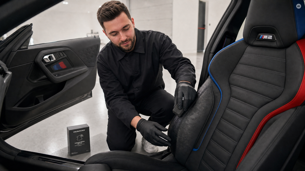 Tupf-Auftrag auf abgegriffener Sitzwange — Leather-Fresh-Sets von COLOURLOCK bei Detailing1